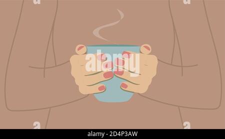 blue cup of hot tea in female hands on a light brown background Stock Vector