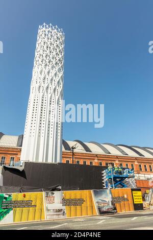 The towering flue structure of Tonkin Liu's 40m-tall biomimetic 'Tower of Light' installation in Manchester city centre. Stock Photo