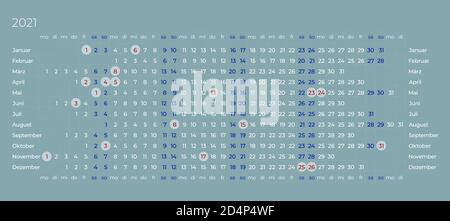 Calendar 2021 in German on blue grey background. Linear calendar with highlighted holiday events. Horizontal Vector editable template Stock Vector