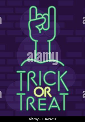 trick or treat halloween lettering in neon light with hand rock and roll symbol vector illustration design Stock Vector