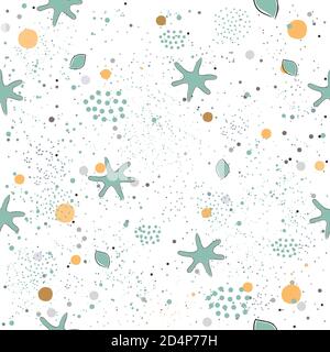 Beautiful hand drawn seamless pattern with dots and starfish on white background. Vector Illustration Stock Vector