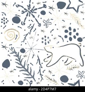 Seamless Winter Pattern with hand drawn funny doodles and snowflakes. Vector Illustration Stock Vector