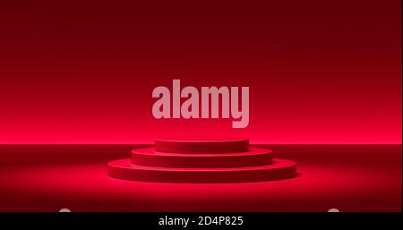 Blank red podium for christmas product presentation. Color round pedestal placed on studio floor. 3D shaded, light from top. Red color gradient in bac Stock Photo