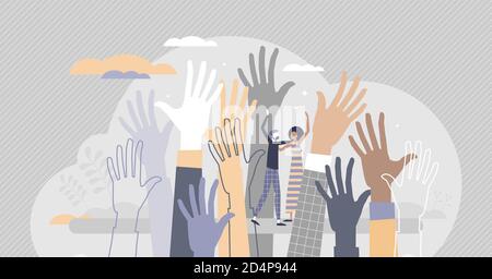 Social diversity as multicultural and race raised hands tiny person concept. Different skin color, various gender, culture and ethnic groups united or Stock Vector
