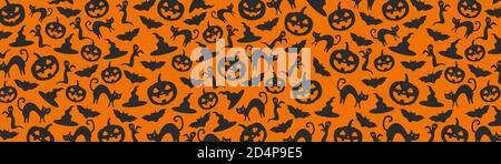 Halloween orange festive seamless pattern. Endless background with pumpkins, skulls, bats, spiders, ghosts, bones, candies, spider web and speech Stock Vector