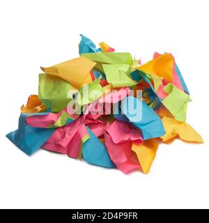 Used colorful stickers notes heap isolated on white. Side view. Stationery colored sticky notes. Stock Photo
