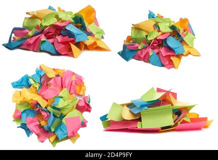 Used colorful stickers notes heap isolated on white. Top and side view. Stationery colored sticky notes. Set different photo for design. Stock Photo
