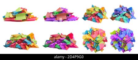 Used colorful stickers notes heap isolated on white. Top and side view. Stationery colored sticky notes. Set different photo for design. Stock Photo