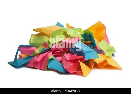 Used colorful stickers notes heap isolated on white. Side view. Stationery colored sticky notes. Stock Photo