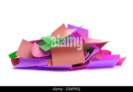 Used colorful stickers notes heap isolated on white. Side view. Stationery colored sticky notes. Stock Photo