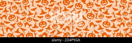 Bats and pumpkins pattern seamless Halloween cartoons with orange background. Vector illustration. Stock Vector