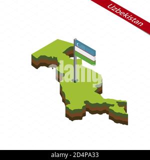 Isometric map and flag of Uzbekistan. 3D isometric shape of Uzbekistan. Vector Illustration. Stock Vector