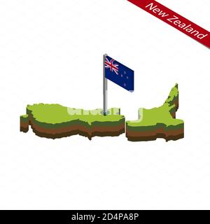 Isometric map and flag of New Zealand. 3D isometric shape of New Zealand. Vector Illustration. Stock Vector
