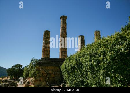 The ancient Greek temple of Apollo in Delphi, where the famous oracle was. Stock Photo