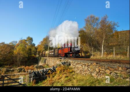 Double Fairlie steam locomotive approaching Campbells Platform Ffestiniog Railway in November Stock Photo