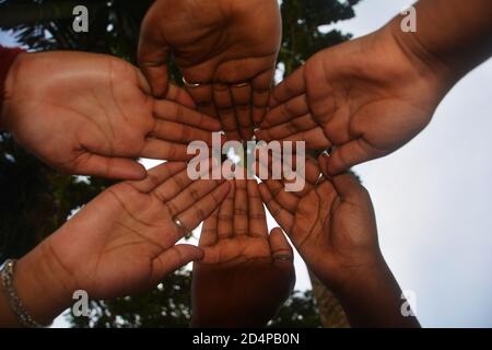 Close up of the raised palms of six Indian girls showing their fingers, selective focusing Stock Photo