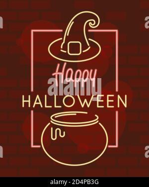 happy halloween lettering in neon light with witch cauldron and hat vector illustration design Stock Vector