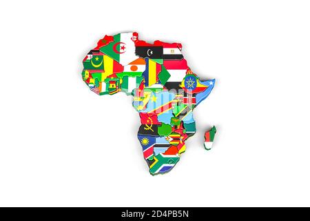 Africa 3d map with borders marked - each country on the map marked with its own flag - isolated on white - 3D Illustration Stock Photo