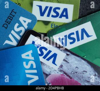 New york, USA - October 9, 2020: Visa credit plastic card macro close up view Stock Photo