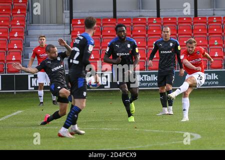 Salford, UK. 10th Oct, 2020. James Wilson of Salford City ( 19 r) shoots and scores his teams 2nd goal. EFL Skybet Football league two match, Salford City v Tranmere Rovers at The Peninsula Stadium in Salford, Greater Manchester on Saturday 10th October 2020. this image may only be used for Editorial purposes. Editorial use only, license required for commercial use. No use in betting, games or a single club/league/player publications.pic by Chris Stading/Andrew Orchard sports photography/Alamy Live News Credit: Andrew Orchard sports photography/Alamy Live News Stock Photo