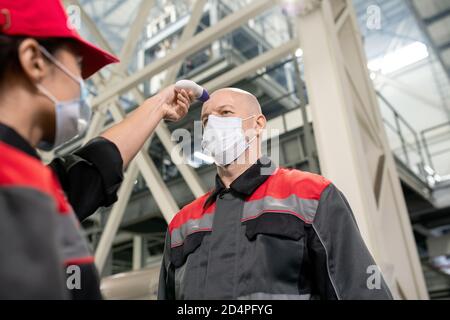 Young female measuring body temperature of factory worker in protective mask Stock Photo