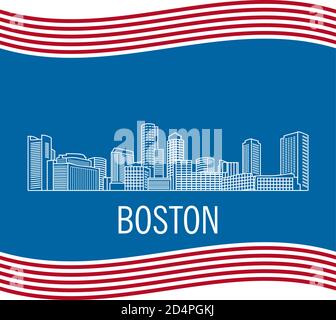 City landscape of Boston in linear flat style on a black background. Stock Vector