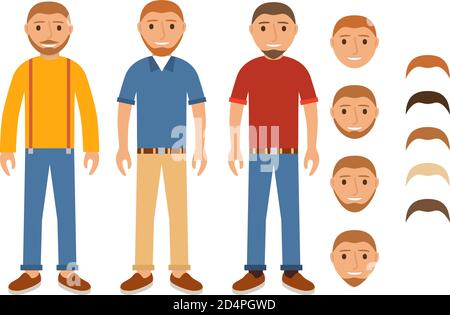 Set of characters of young people. The man with a beard with moustaches dressed in jeans and trousers and shirts and t-shirts with braces, boots. Stock Vector