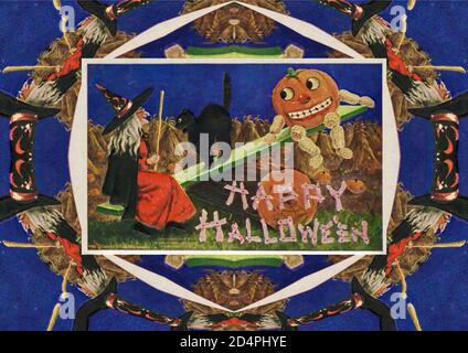 Vintage Halloween image a mandala setting. Witch and pumpkin sitting on a see-saw with attendant black cat. Stock Photo
