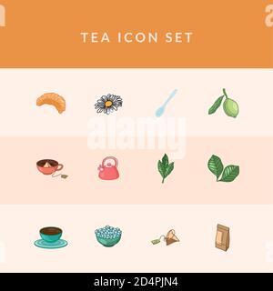 Tea line and fill style 12 icon set design, Time drink breakfast and beverage theme Vector illustration Stock Vector