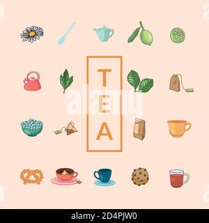 Tea line and fill style icon collection design, Time drink breakfast and beverage theme Vector illustration Stock Vector