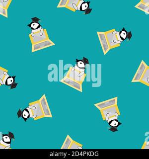 Cute vector Kawaii penguin chicks with scholar hats peeking out from behind laptop on aqua blue backdrop. Cartoon emperor baby seamless pattern Stock Vector