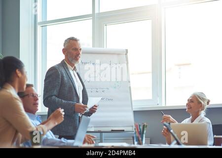 Explaining business strategy. Confident mature businessman standing near flipchart, giving a presentation while having a brainsportm meeting with team Stock Photo