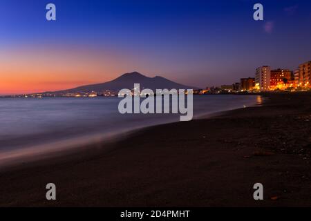 Sunset from a beach in Castellammare di Stabia and Mount Vesuvius and the Bay of Naples, Naples (Napoli), Italy, Europe Stock Photo