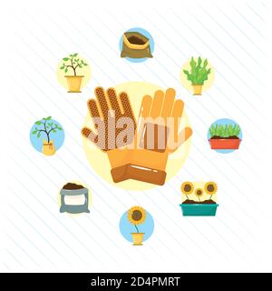 gloves and gardening tools flat style icons vector illustration design Stock Vector