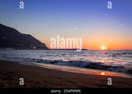 Sunset from a beach in Castellammare di Stabia and Mount Vesuvius and the Bay of Naples, Naples (Napoli), Italy, Europe Stock Photo