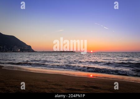 Sunset from a beach in Castellammare di Stabia and Mount Vesuvius and the Bay of Naples, Naples (Napoli), Italy, Europe Stock Photo