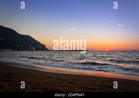 Sunset from a beach in Castellammare di Stabia and Mount Vesuvius and the Bay of Naples, Naples (Napoli), Italy, Europe Stock Photo