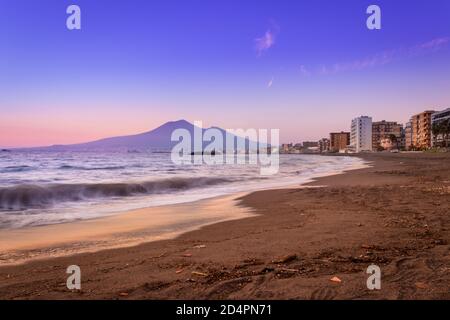 Sunset from a beach in Castellammare di Stabia and Mount Vesuvius and the Bay of Naples, Naples (Napoli), Italy, Europe Stock Photo