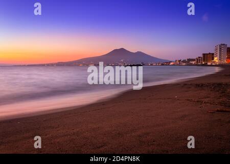 Sunset from a beach in Castellammare di Stabia and Mount Vesuvius and the Bay of Naples, Naples (Napoli), Italy, Europe Stock Photo