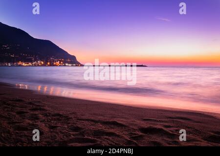 Sunset from a beach in Castellammare di Stabia and Mount Vesuvius and the Bay of Naples, Naples (Napoli), Italy, Europe Stock Photo