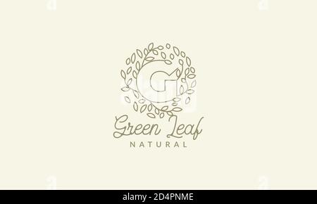 initial G or letter G with leaf plant ornament on circle luxury modern logo vector icon illustration design Stock Vector