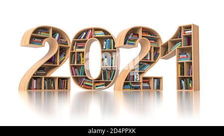 2021 new year education concept. Bookshelves with books in the form of text 2020. 3d illustration Stock Photo