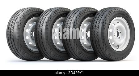 Set of car wheels with tyres for vans and trucks isolated on white background. 3d illustration Stock Photo