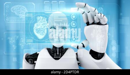 Future medical technology controlled by AI robot using machine learning and artificial intelligence to analyze people health and give advice on health Stock Photo