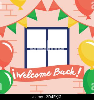 welcome back re opening lettering in placard with balloons helium and garlands vector illustration design Stock Vector