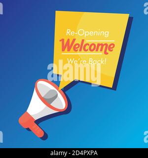 welcome back re opening lettering in speech bubble and megaphone vector illustration design Stock Vector