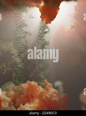 The world inside of a human cell. Strings of DNA, nucleotides (forming base-pairs in DNA) and proteins inside the nucleus of an eukaryotic cell. Stock Photo