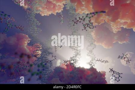 The world inside of a human cell. Strings of DNA, nucleotides (forming ...