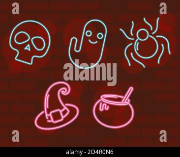 happy halloween bundle set icons in neon light vector illustration design Stock Vector