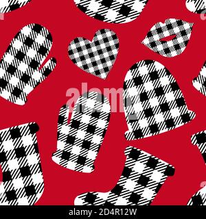 Hat and gloves Black and white Checkered seamless pattern on red background. Winter Merry Christmas design surface. Vichy color. Vector illustration Stock Vector